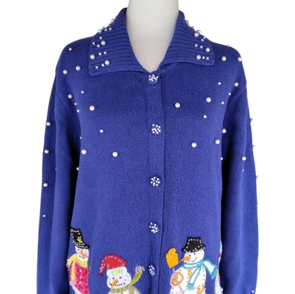 Storybook Knits Snowman Embroidered Pearl Scattered Snow Cotton Blend Size Small - Picture 2 of 8